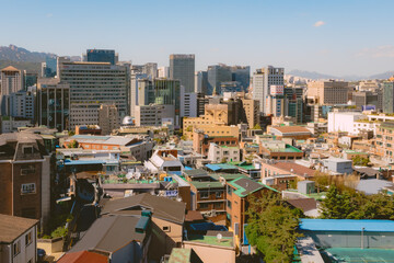 Wall Mural - City building skyline view of downtown Seoul South Korea from Namsan tower