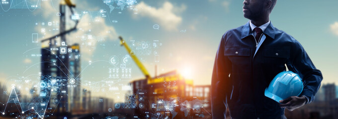 Poster - An engineer standing at a construction site and a digital data concept. Wide image for banners, advertisements.