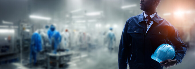 Poster - engineer standing in factory. Wide image for banners, advertisements.