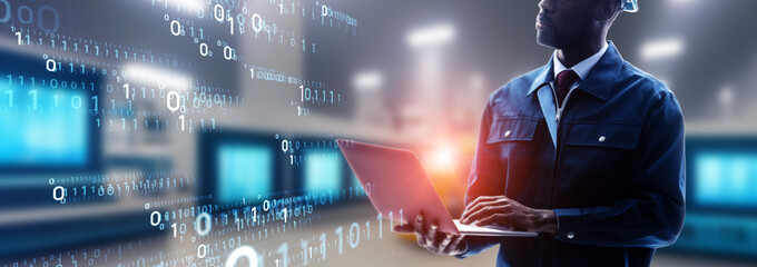 Leinwandbilder - Engineer inspecting factory and digital data concept. Wide image for banners, advertisements.