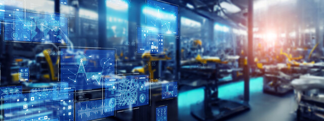 Poster - Futuristic factory and technology. Wide image for banners, advertisements.