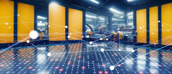 Poster - Future factory and communication network. Wide image for banners, advertisements.