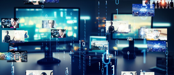 PC room and video data concept. Wide image for banners, advertisements. 