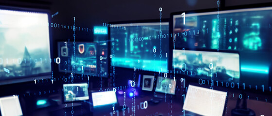 PC room and digital data concept. Wide image for banners, advertisements.