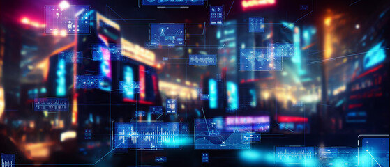 Aufkleber - Future city and digital data concept. Wide image for banners, advertisements. 