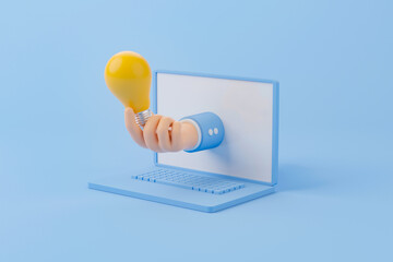 hand holding lightbulb with computer laptop on background. minimal design. concept of creative idea 