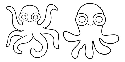 Wall Mural - Two hand-drawn cartoon octopuses linear vector illustration. Sea mood coloring page with cute octopods printable page. Black outline isolated on white two little octopuses