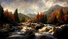 Spectacular Autumnal Forest Panorama With A Mountain Range In The Distance, Bright Orange Leaves On The Forest Floor, And A Rushing Creek Bordered By Woods. Digital Art 3D Illustration