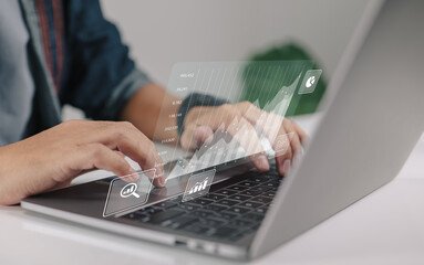 Aufkleber - Business intelligence and big data analytics concepts. Financial graphs are displayed on a virtual screen.