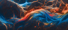Spectacular Image Of Blue And Orange Liquid Ink Churning Together, With A Realistic Texture And Great Quality. Digital Art 3D Illustration.
