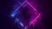 Cyber Background Design. Tropical Plants With Pink And Blue, Diamond Shaped Neon Frame.