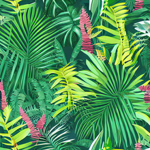 Leaf Leaves Flowers Pattern Tropical Rainforest Jungle Botanical Foliage Design With Palm Leaves, Ferns And Other Exotic Jungle Plants, Green Turquoise Teal Colors, Flat Illustration Design