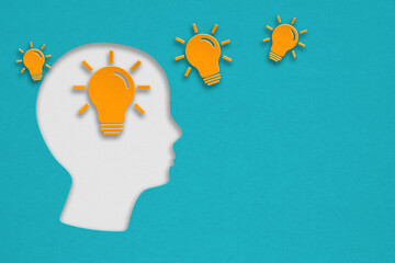 for thinking mind, smart idea, brainstorming concept, yellow lightbulb and human head paper cut with grunge green background