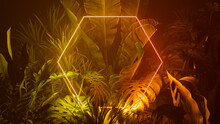 Orange And Yellow Neon Light With Tropical Plants. Hexagon Shaped Fluorescent Frame In Exotic Environment.