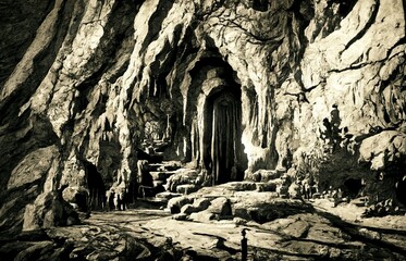 CG illustration of the inside of a well-maintained cave with stairs.