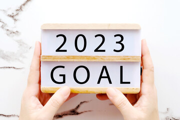 Hands holding 2023 goals wood box over marble background, banner, business new year, aim to success in business