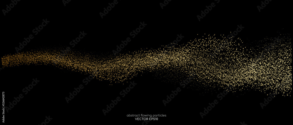 Abstract gold dots particles flowing wavy isolated on black background ...
