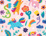 Fototapeta  - Festive seamless pattern with unicorns, flowers and clouds. Vector illustration