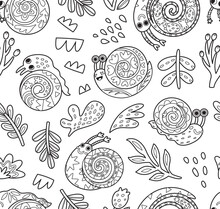 Contour Seamless Pattern With Decorative Snails, Leaves And Drops. Vector Illustration