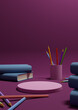 Dark magenta, purple 3D illustration back to school product display one podium or stand vertical from the side with pencils, and books on table for product photography background or wallpaper