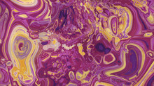 Flowing Contemporary Acrylic Pour Background In Beautiful Violet And Yellow Colors. Liquid Texture With Gold Glitter.