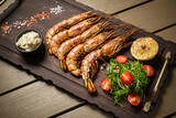 Fototapeta Kawa jest smaczna - grilled shrimps with salad and sauce