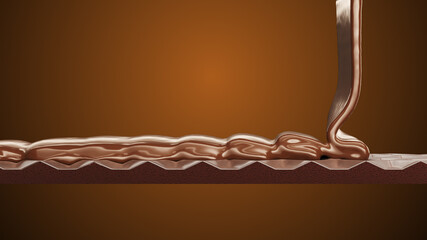 Wall Mural - Extreme closeup beauty chocolate liquid milk Pouring on Chocolate bar on brown color background. 3D render. Food drink concept. selective focus.