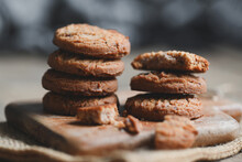 Cookies On Wooden And Dark Background, Delicious Sweet Dessert Cookie Food Snack, Cookies Chocolate