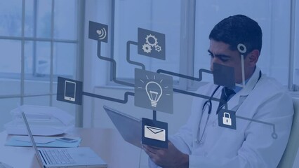 Poster - Animation of flowchart with computer icons over biracial male doctor using digital tablet in office