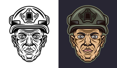 Soldier head, infantryman vector illustration in two styles monochrome on white and colorful on dark background