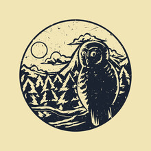 Distressed Stamp Illustration Of Owl In The Forest
