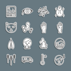 Poster - Set line High human body temperature, Face in protective mask, Hand with psoriasis or eczema, Medicine pill tablet, Peanut, Pet, Monitor cardiogram and icon. Vector