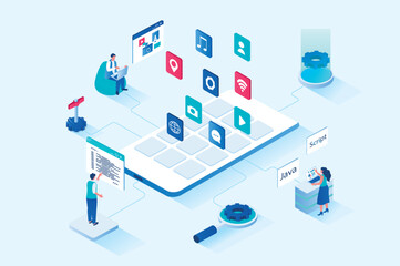 Poster - App development 3d isometric web design. People create user interface template, place application buttons on screen, work with codes and program software for different devices. Vector web illustration