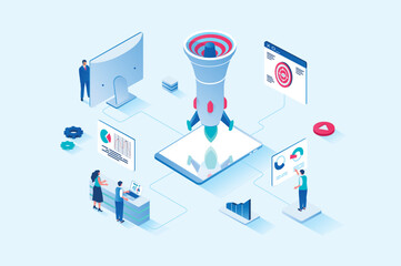 digital marketing 3d isometric web design. people create promo content and make advertising campaign