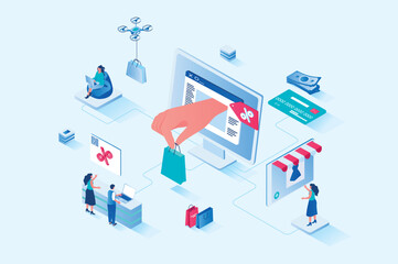 Aufkleber - Discount of goods 3d isometric web design. People buy new products at best prices and offers at seasonal sales in online stores, ordering and paying for smart purchases. Vector web illustration