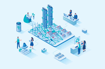 Green city 3d isometric web design. People use alternative energy sources and eco-friendly infrastructure, solar panels and windmills working near houses and skyscrapers. Vector web illustration