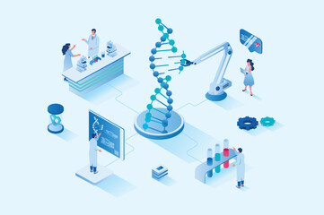 Aufkleber - Medical laboratory 3d isometric web design. People scientists explore molecular structure of dna on modern laboratory equipment, researchers do tests and chemical experiments. Vector web illustration