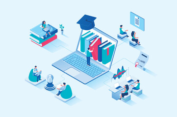 Fototapete - Online studying 3d isometric web design. People read books and study textbooks, improve skills and knowledge, study at university or take courses, graduate online schools. Vector web illustration