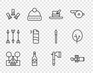 Poster - Set line Tourist tent, Sniper optical sight, Hunter hat with feather, Bottle of vodka, Cartridges, Pepper spray, Wooden axe and Tree icon. Vector