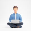 Happy cartoon character student man casual blue shirt seat lotus yoga pose work laptop isolated over white background.