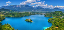 Slovenia, Upper Carniola, Church, Scenic View Of Bled Island And Surrounding Landscape In Summer