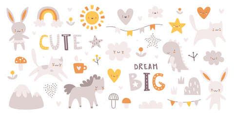 Wall Mural - cute scandinavian decoration set for new born. naive doodle baby animals bundle for nursery.