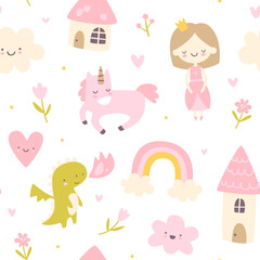 Wall Mural - Cute girly fairytale pink pattern. Cartoon seamless vector print for girls textile and nursery.