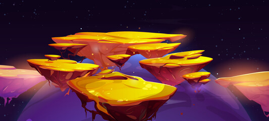 Fantastic floating islands with golden surface in night sky. Game fantasy landscape of flying in air platforms of golden ground in outer space with stars and planets, vector cartoon illustration