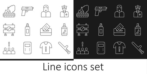 Sticker - Set line Police rubber baton, Pepper spray, Censor and freedom of speech, Paint can, Road barrier, Lying burning tires, Vote box and Pistol gun icon. Vector