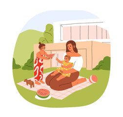 Wall Mural - Mother, children relax on backyard lawn, outside of house. Mom and kids together on grass blanket on summer holiday. Summertime weekend outdoors. Flat vector illustration isolated on white background