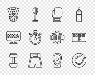 Sticker - Set line Dumbbell, Tennis ball, Boxing glove, short, Medal, Stopwatch, training paws and ring board icon. Vector