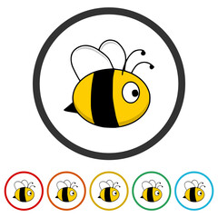 Sticker - Cartoon illustration of a bee flying. Set icons in color circle buttons