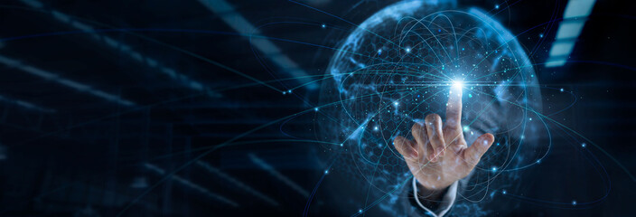 Leinwandbilder - Hand touching global network connection and data exchanges, technology structure. Innovation networking on dark background