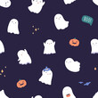 Halloween pattern with cute baby ghosts, pumpkins. Seamless background with happy holiday spooks, repeating print. Childish texture design with spooky boo characters. Colored flat vector illustration